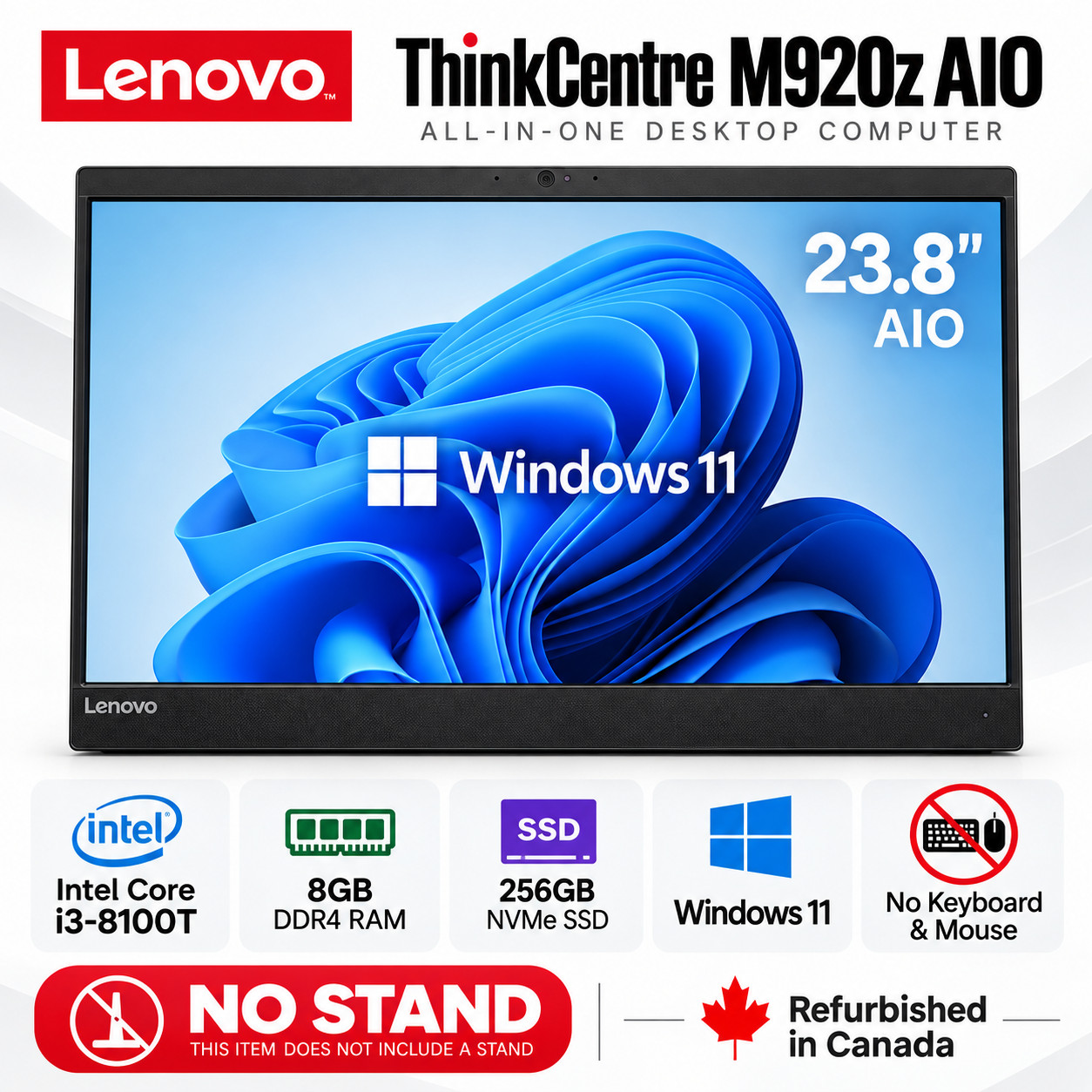 Lenovo ThinkCentre M920z 23.8" AIO i3-8100T 8GB DDR4 256GB NVMe Win11 No Stand