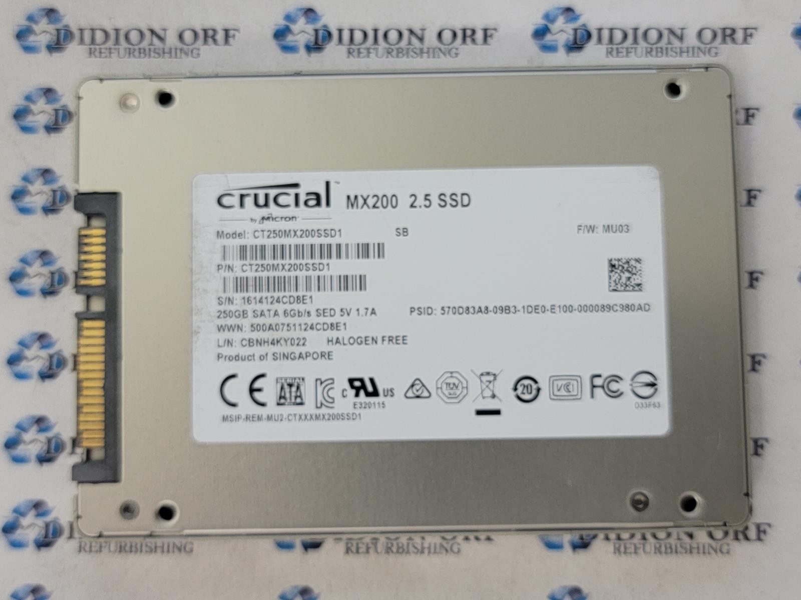 CRUCIAL 250GB 2.5" SATA SSD CT250MX200SSD1, Grade A+ SKU 7858