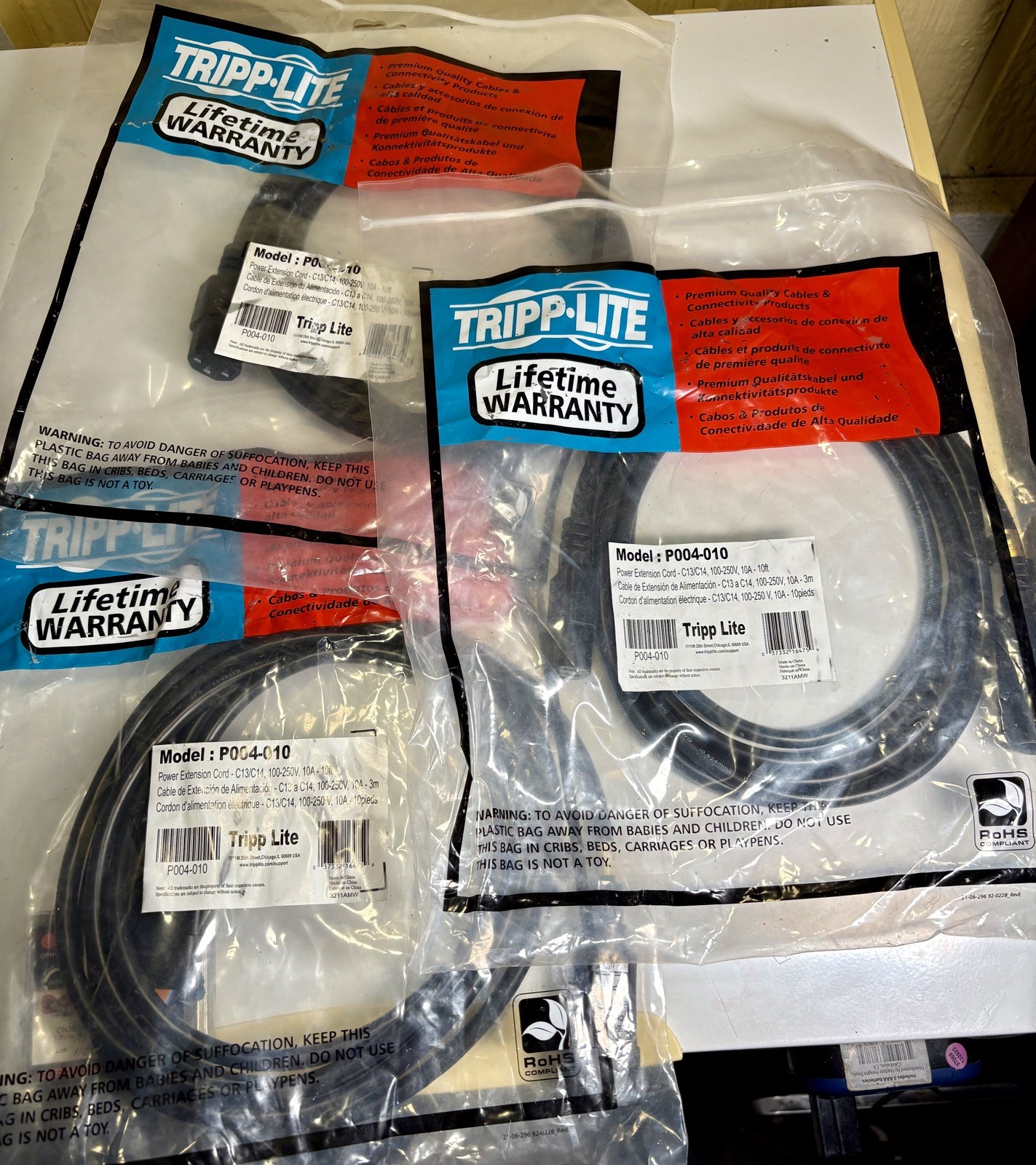 Lot of 3 Tripp Lite P004-010 10 ft. Black Power Extension Cord Computer AC Cords