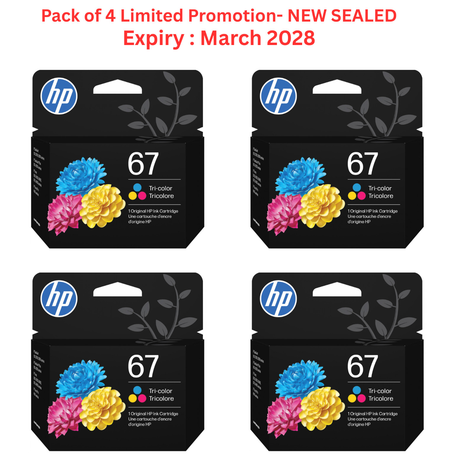LOT OF 4 HP 67 Standard Tri-Color Ink Cartridge 3YM55AN (Expiry March 2028)-NEW