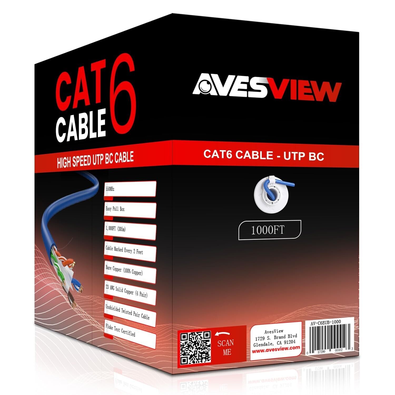 AvesView Indoor Ethernet Cable 1000ft 23AWG Solid Bare Copper (UTP) 550MHz- Blue
