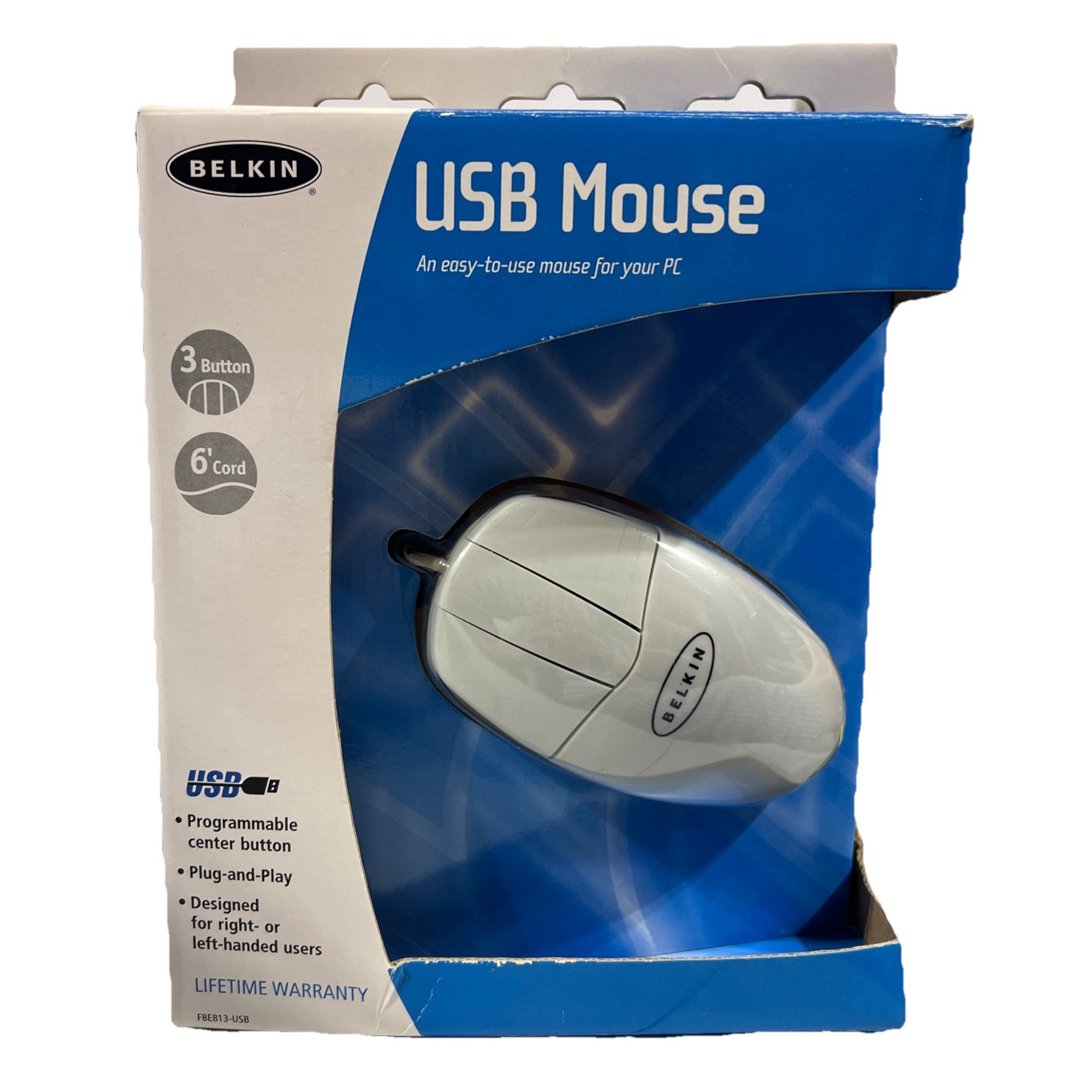 VTG Belkin USB Mouse F8E813-USB 3 Button Programmable Plug & Play White 6' Cord