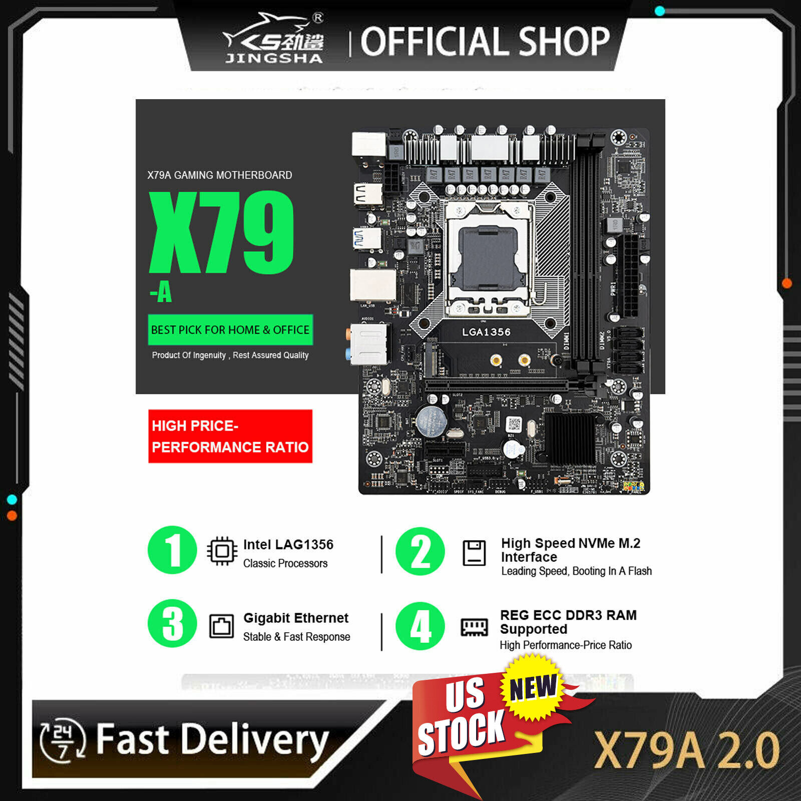 X79A 2.0 Motherboard DDR3 NVME M.2 Interface Support LGA 1356 Series Processor