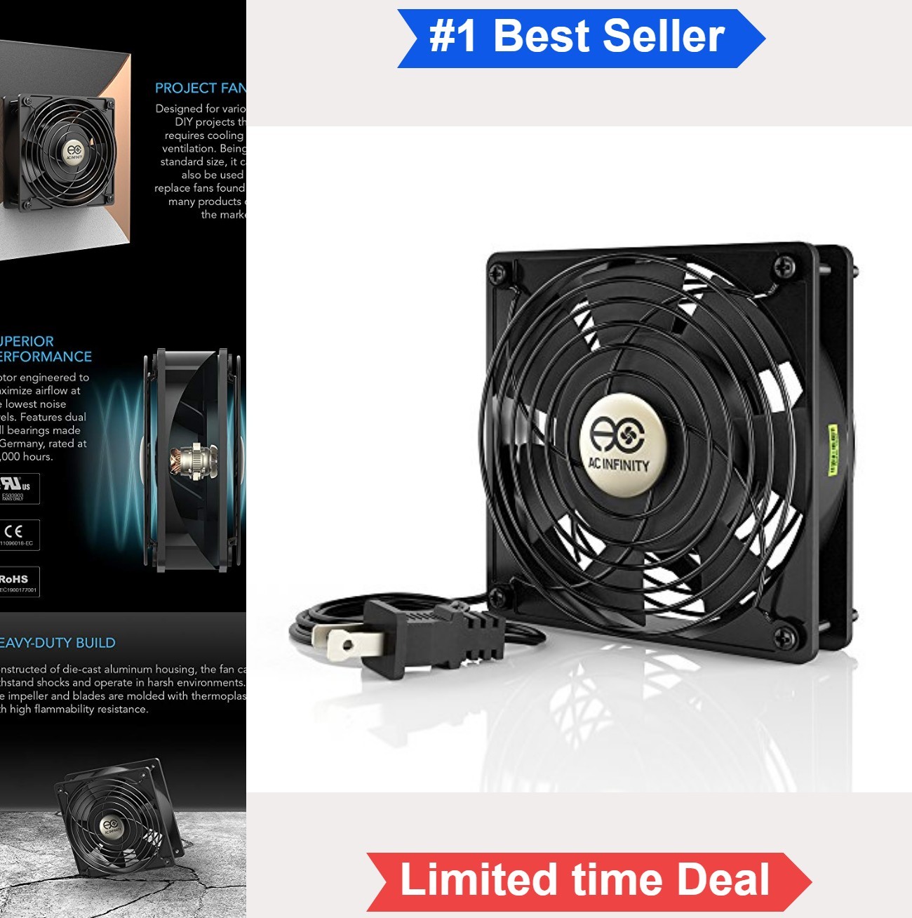 Quiet Muffin Fan 120mm 120V AC 51 CFM 1800 RPM Dual Ball Bearing Aluminum