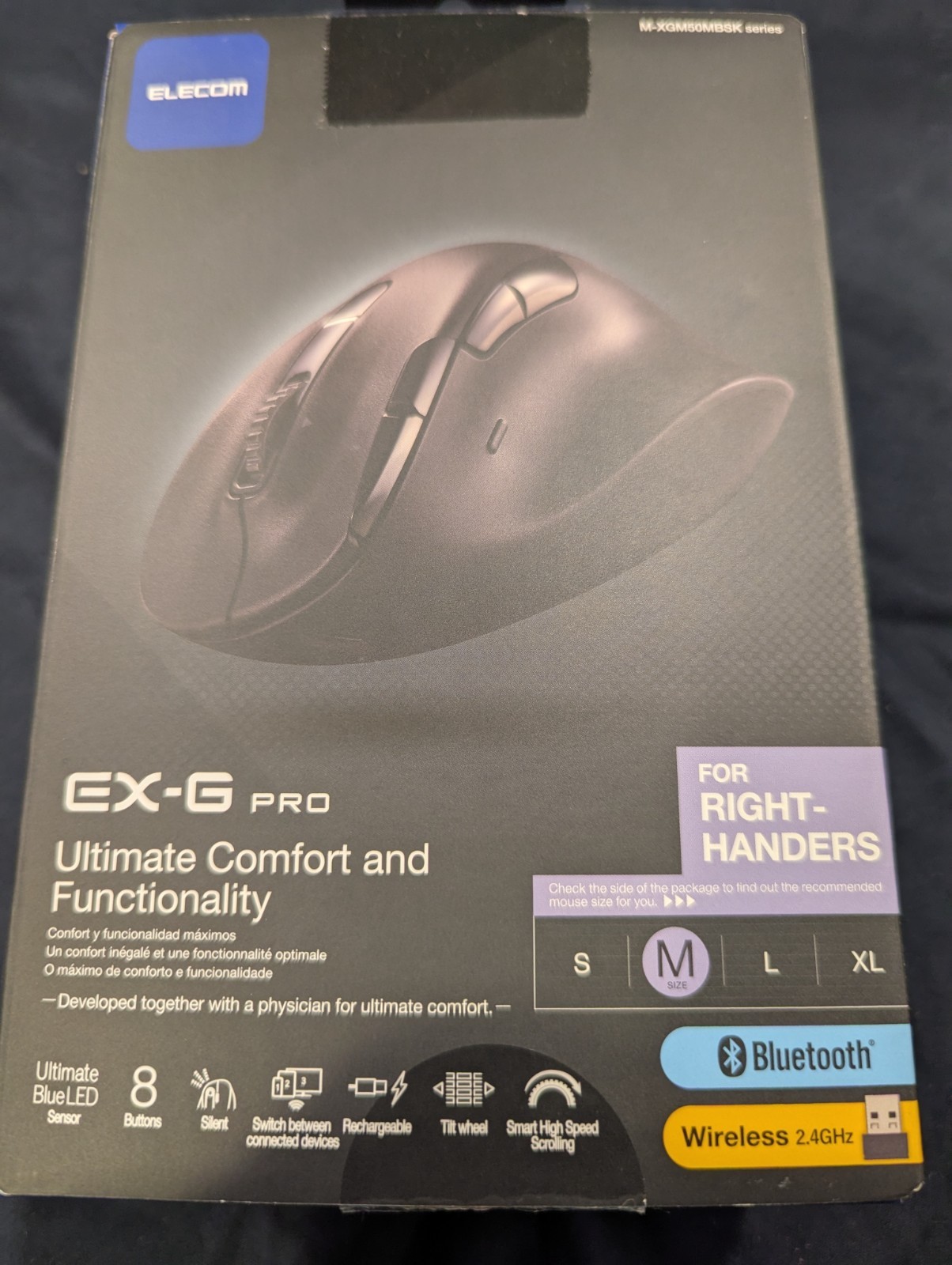 ELECOM Wireless Mouse EX-G PRO 8 Buttons Black M-XGXL50MBS - Right Hand, Med