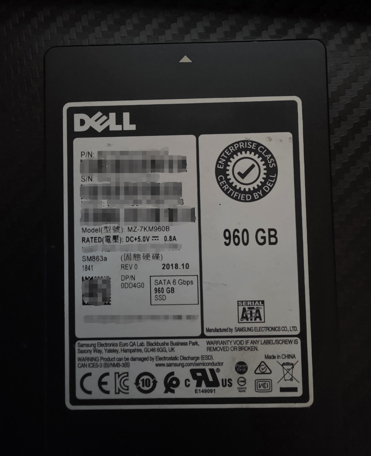 Dell Samsung SM863a 960GB Enterprise SATA 2.5'' Server SSD (MZ-7KM960B)