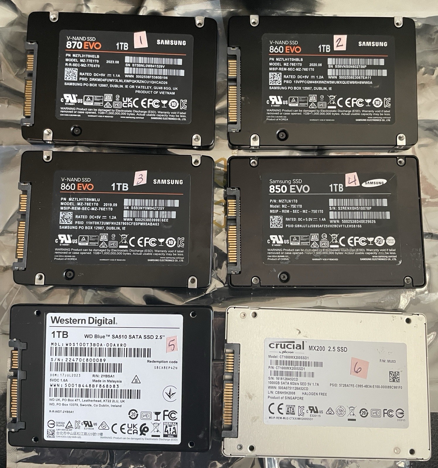 *Lot of 6 TESTED & WORKING* 1TB SSD's- 4 Samsung, 1 Western Digital, & 1 Crucial