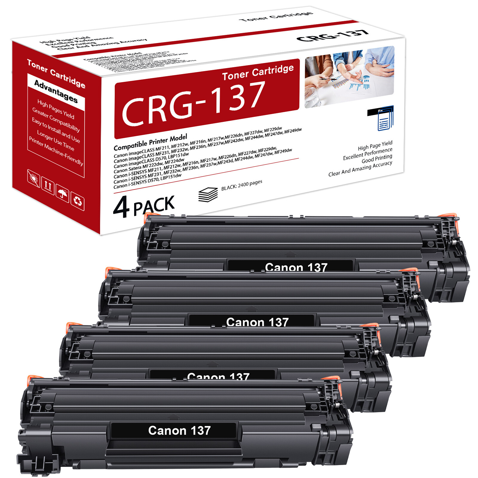 4PK Black CRG 137 Toner Cartridge Fits for Canon 137 MF232w MF237w MF236n Toner