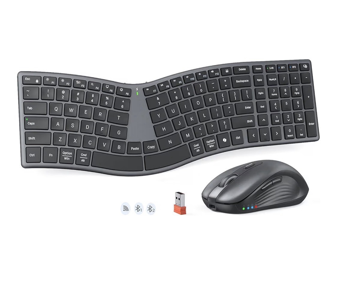 MEETION Wireless Ergonomic Keyboard and Mouse, Split S-Curve Design, Black