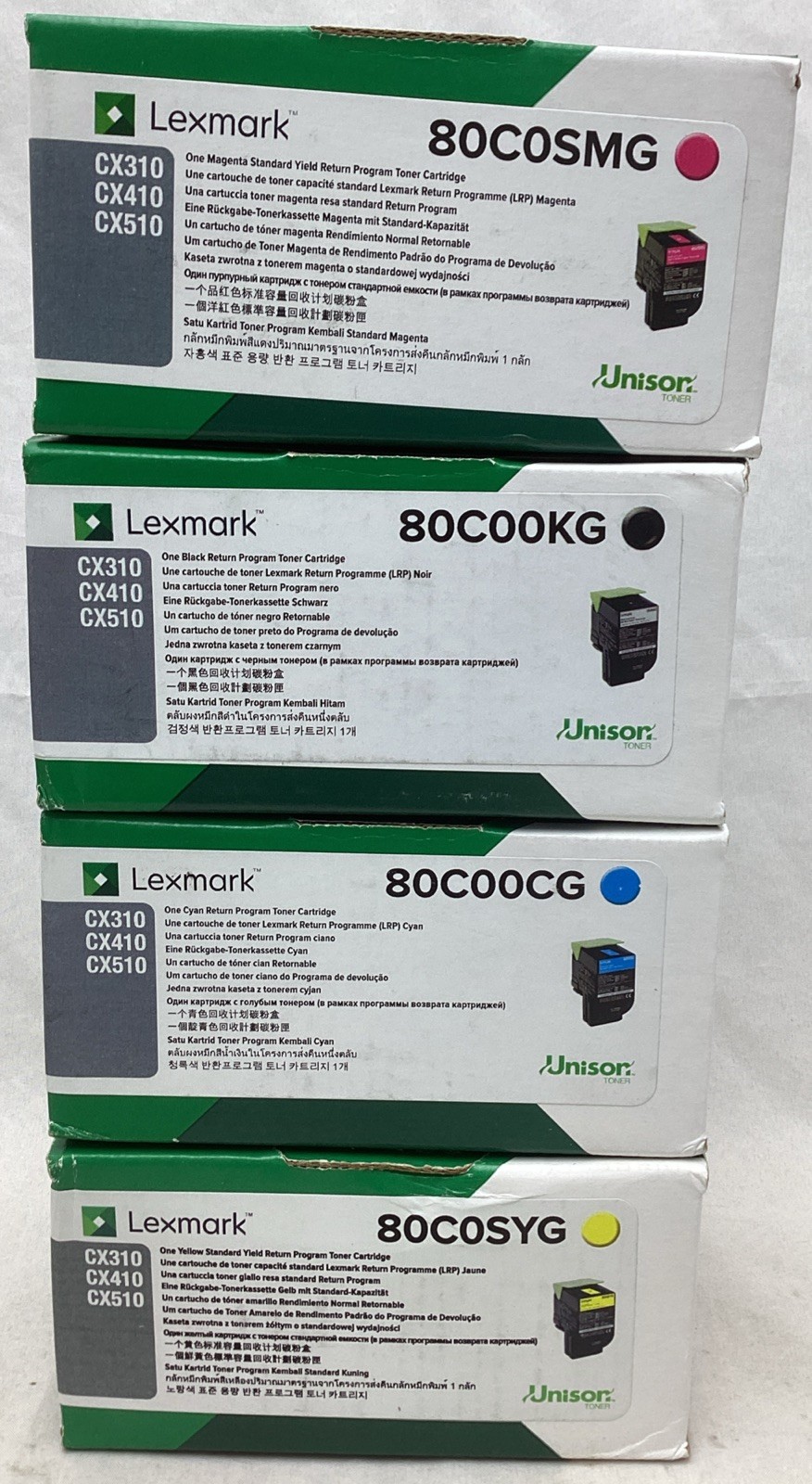 Set Of 4 Genuine Lexmark 80C0SYG 80C0SMG 80C00KG 80C00CG Toner Cartridges ~New