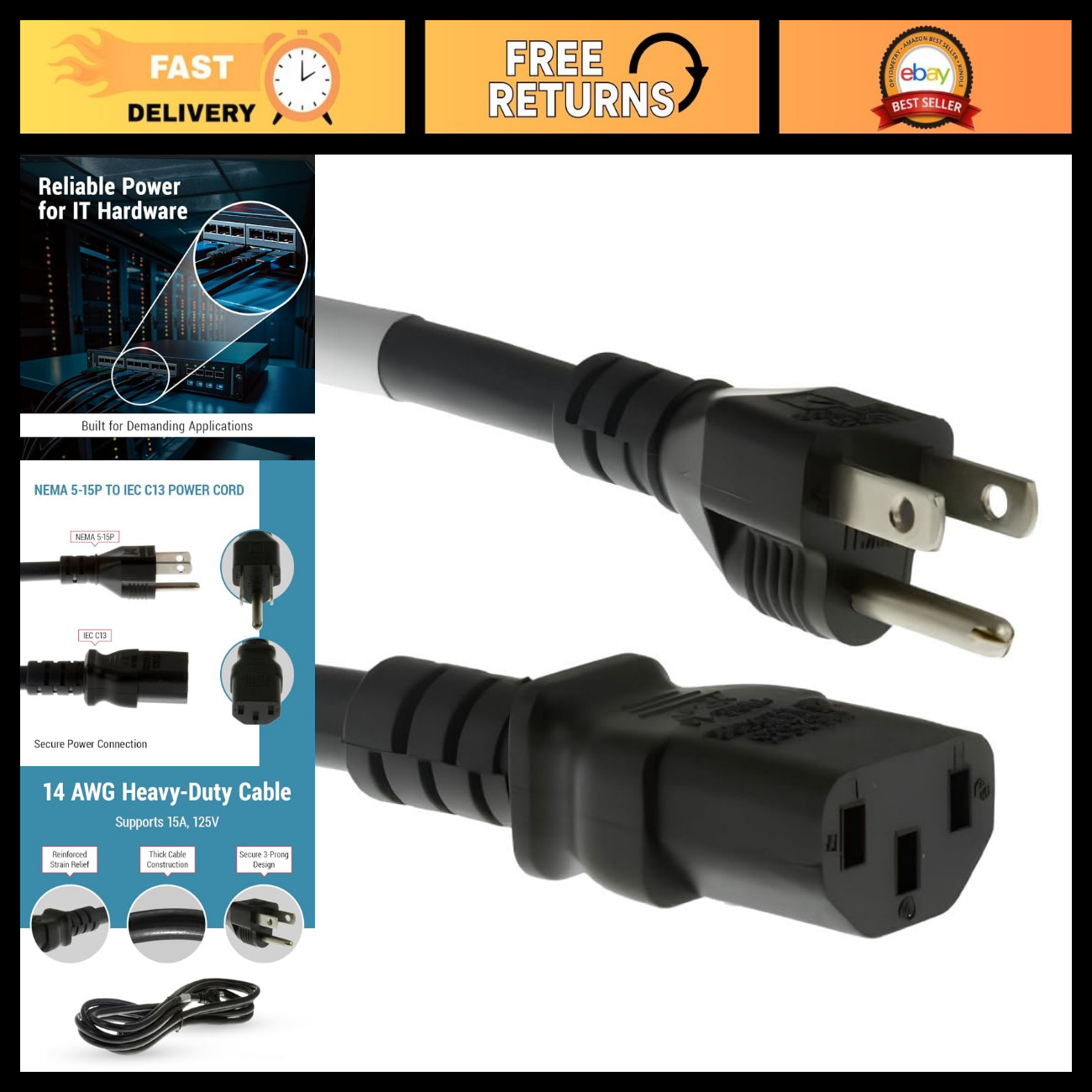 15ft Heavy Duty AC Power Cord, 14AWG NEMA 5-15P to C13, Durable & Reliable