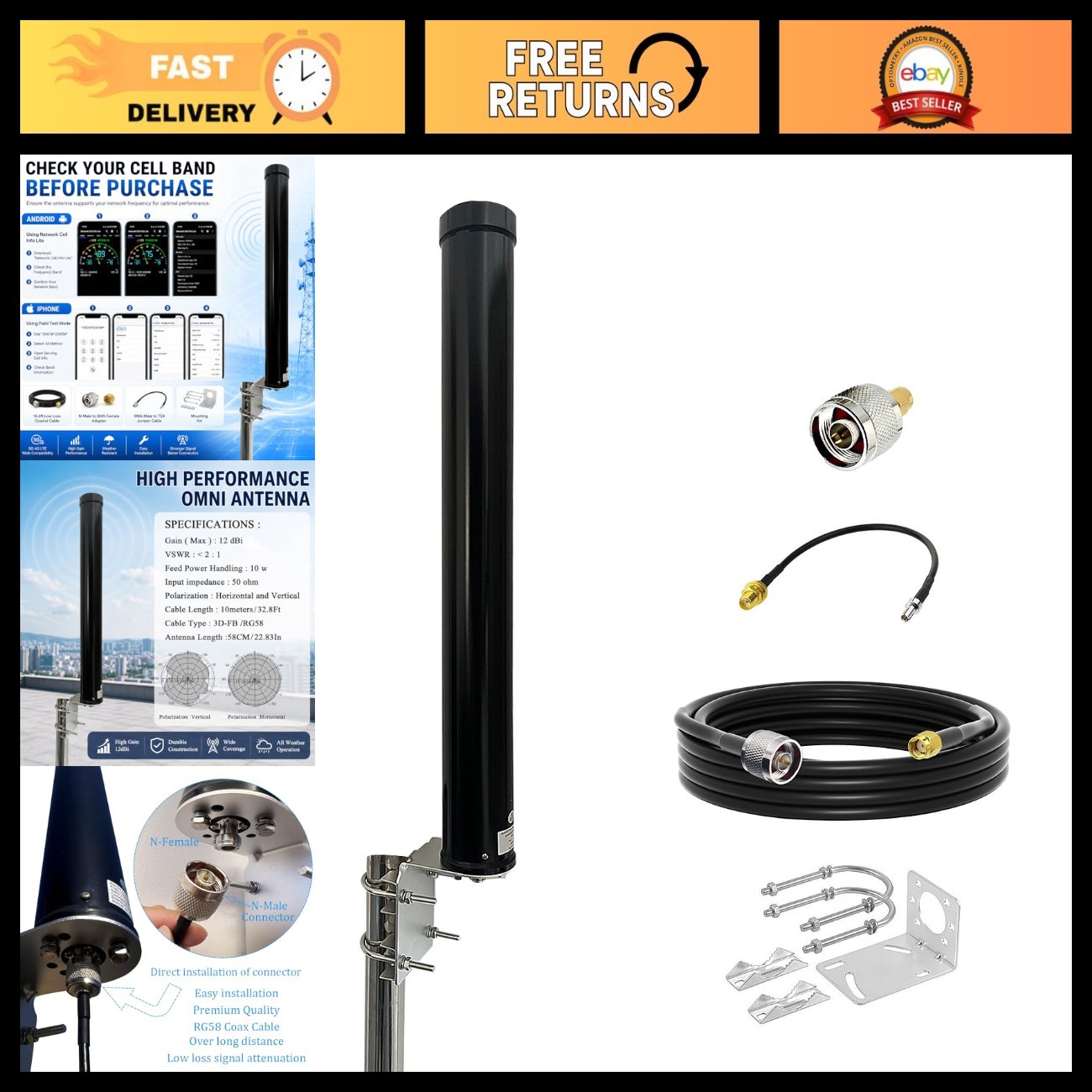 High Gain 12 dBi 4G LTE 5G Outdoor Omni Antenna Kit - Long Range WiFi/Cell Signa