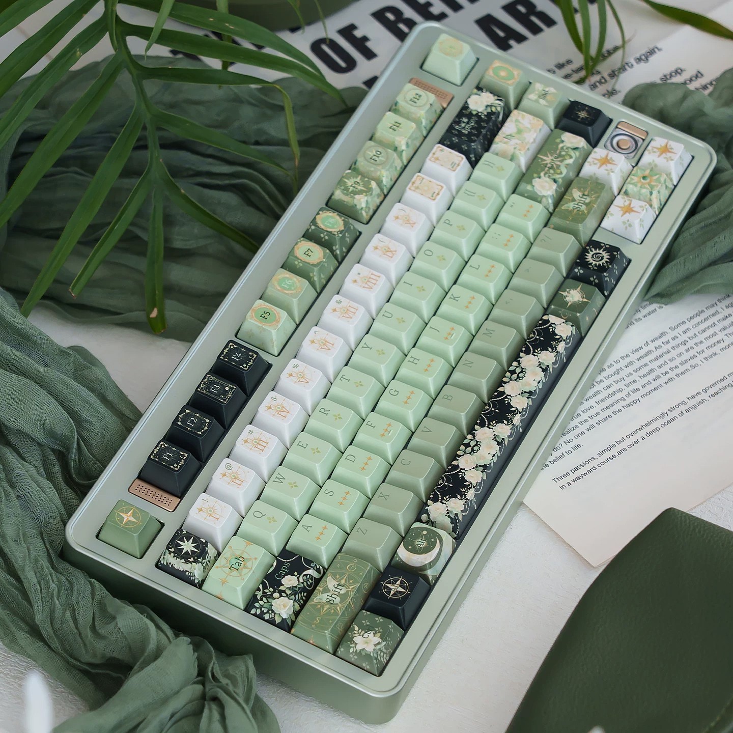 URE Green Starry Night PBT Keycaps Cherry Profile Mechanical Keyboard Floral