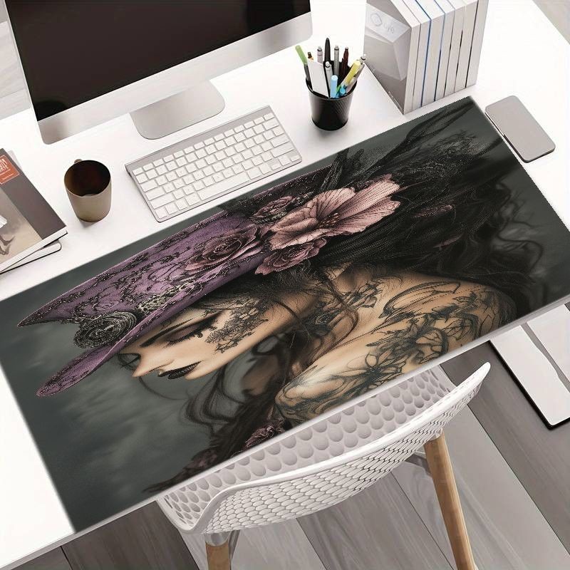 Modern Art Mouse Pad - Female Portrait Design with Black Long Hair, Ornate Tat