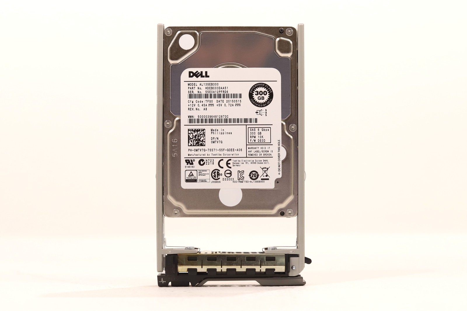 Dell AL13SEB300 300GB 2.5" 6Gb/s 64MB 10K RPM SAS HDD W/Caddy Dell P/N: 0MTV7G