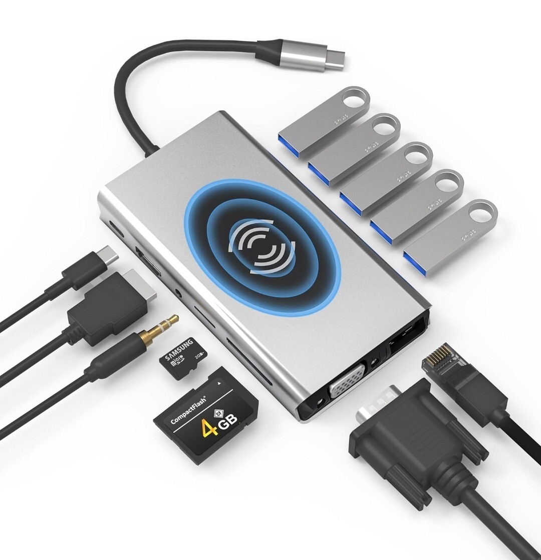 13-in-1 Docking Station with Wireless Charging, Multiport Adapter with HDMI, VGA
