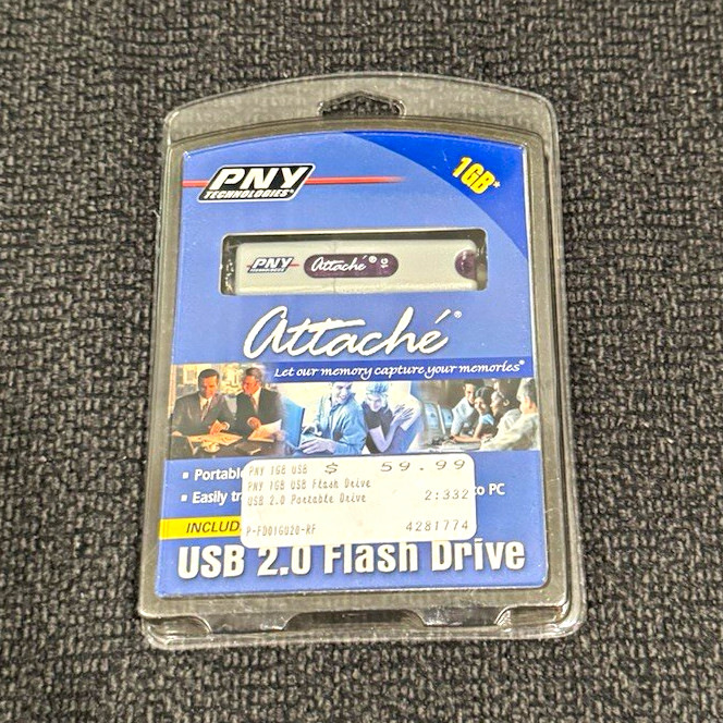 *NEW* PNY Attaché 1GB USB 2.0 USB Flash Drive, Silver, Removable, w/ cable