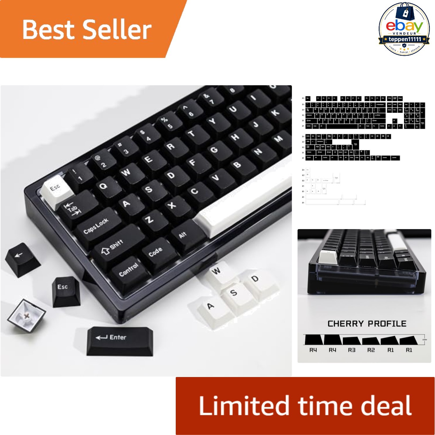WOB PBT Keycap Set 174 Keys Black White Double Shot Cherry Profile Gaming