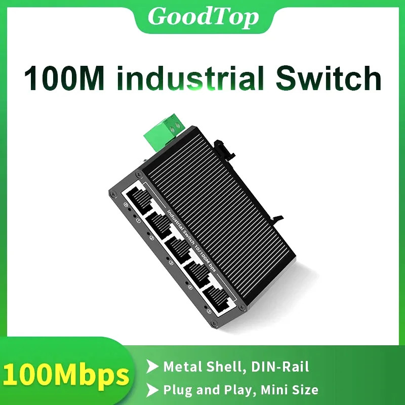 GoodTop 5 Port Industrial Ethernet Switch 100Mbps DIN Rail Plug & Play Network