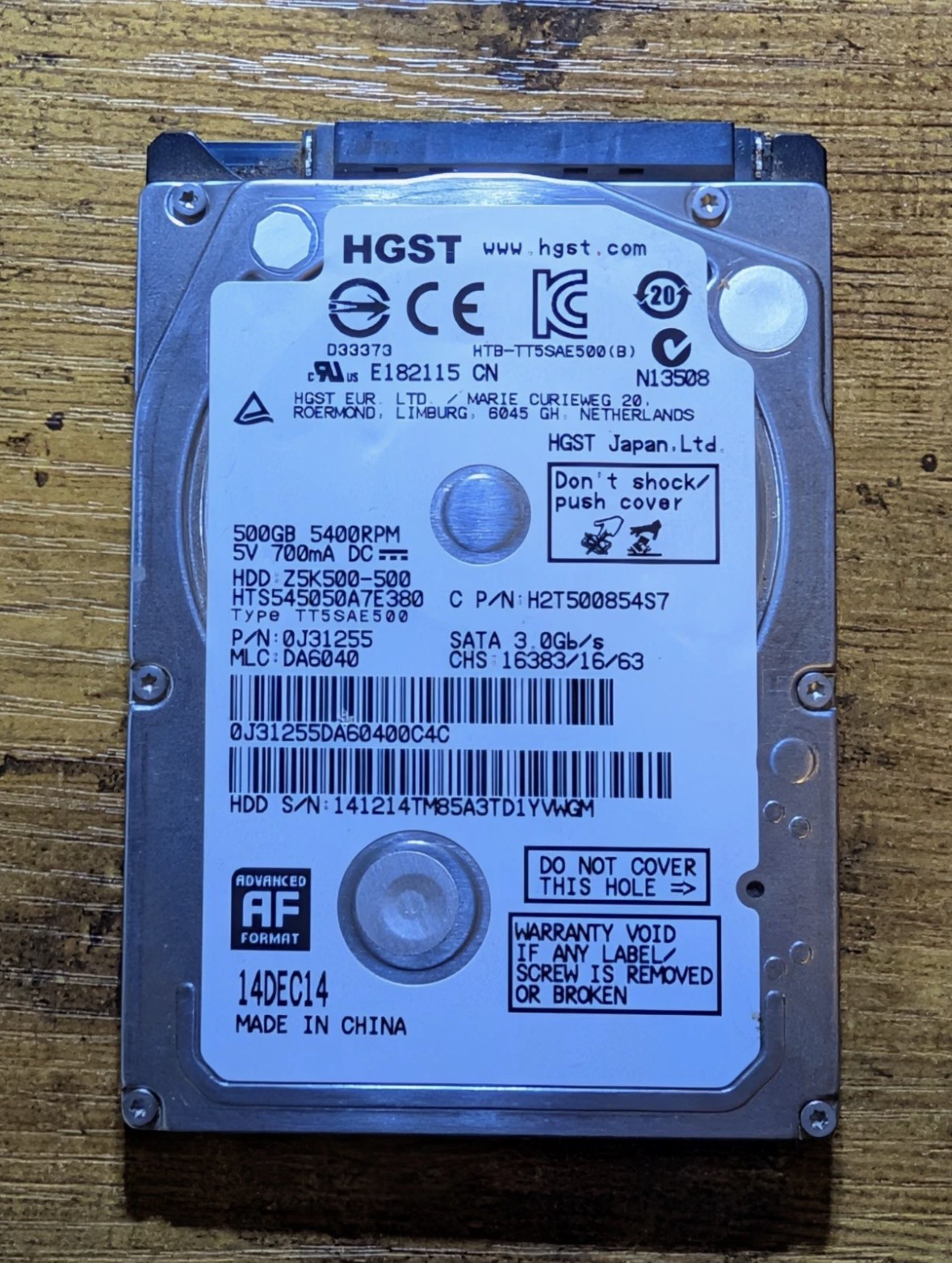 HGST 500GB Hard Drive 2.5" Z5K500-500 HTS545050A7E380 0J31255 3.0Gb/s 5400RPM