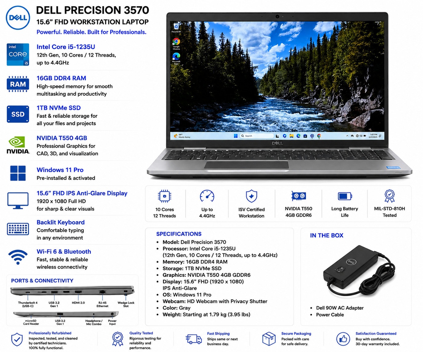 Dell Precision 3570 15.6” FHD Workstation i5-1235U 16GB RAM 1TB NVMe Win 11 Pro