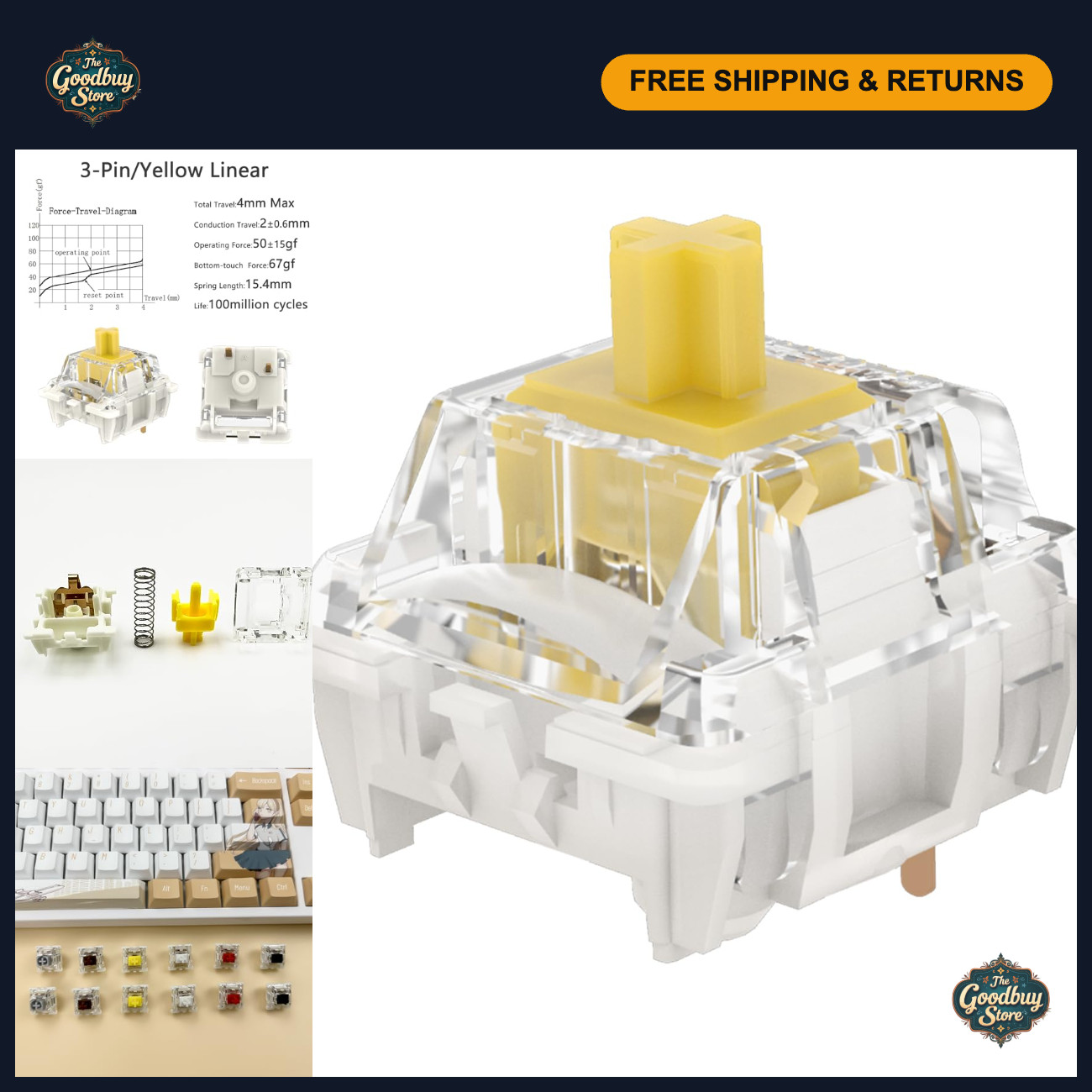 50gf Linear Mechanical Keyboard Switches - 72pcs Pre-Lubed Yellow 3-Pin