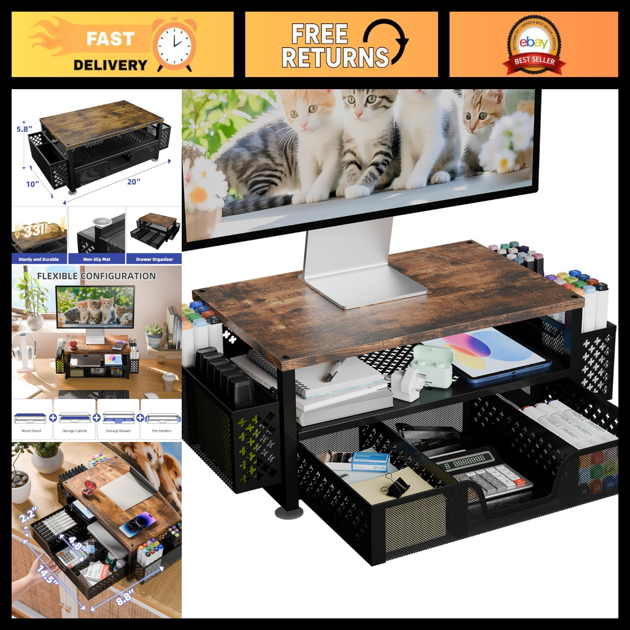2-Tier Wooden Monitor Stand with Drawer - Adjustable Laptop Stand for Home Offic