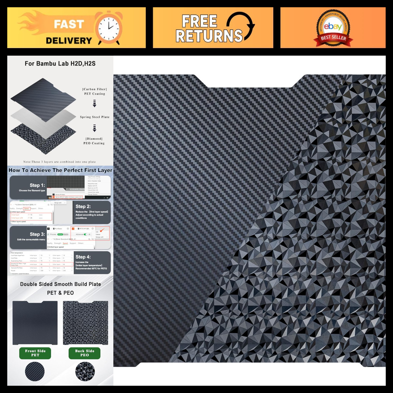 Carbon Fiber PET+ Diamond PEO Build Plate 355x346.5mm for 3D Printers