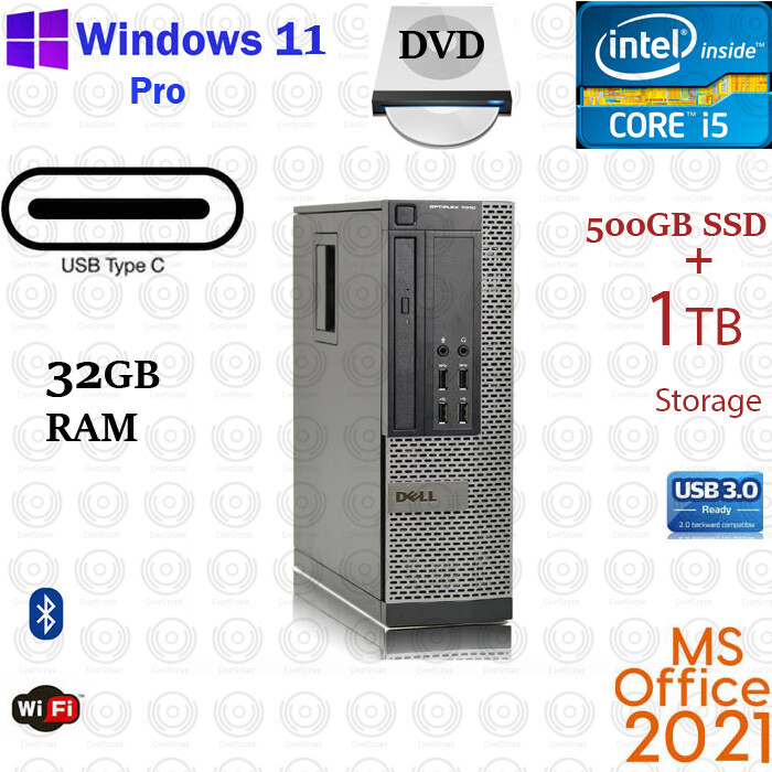WINDOWS 11 PC Dell Desktop SFF Computer Core i5 3.2 GHZ 16GB/32GB 2TB SSD Off21