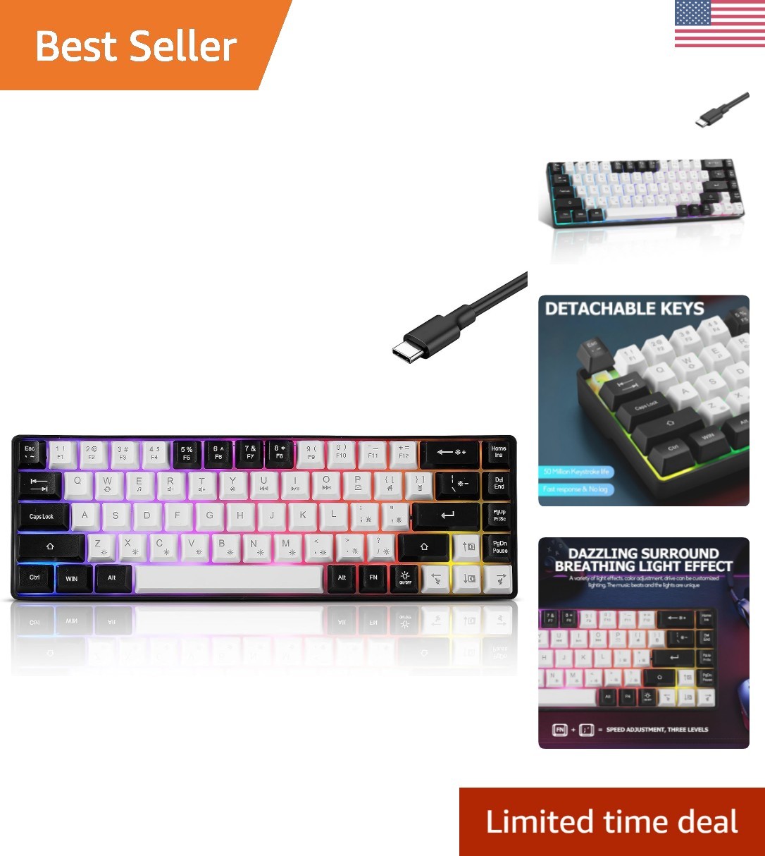 Plug and Play 68-Key Compact Mechanical Keyboard with RGB & Ergonomic Features