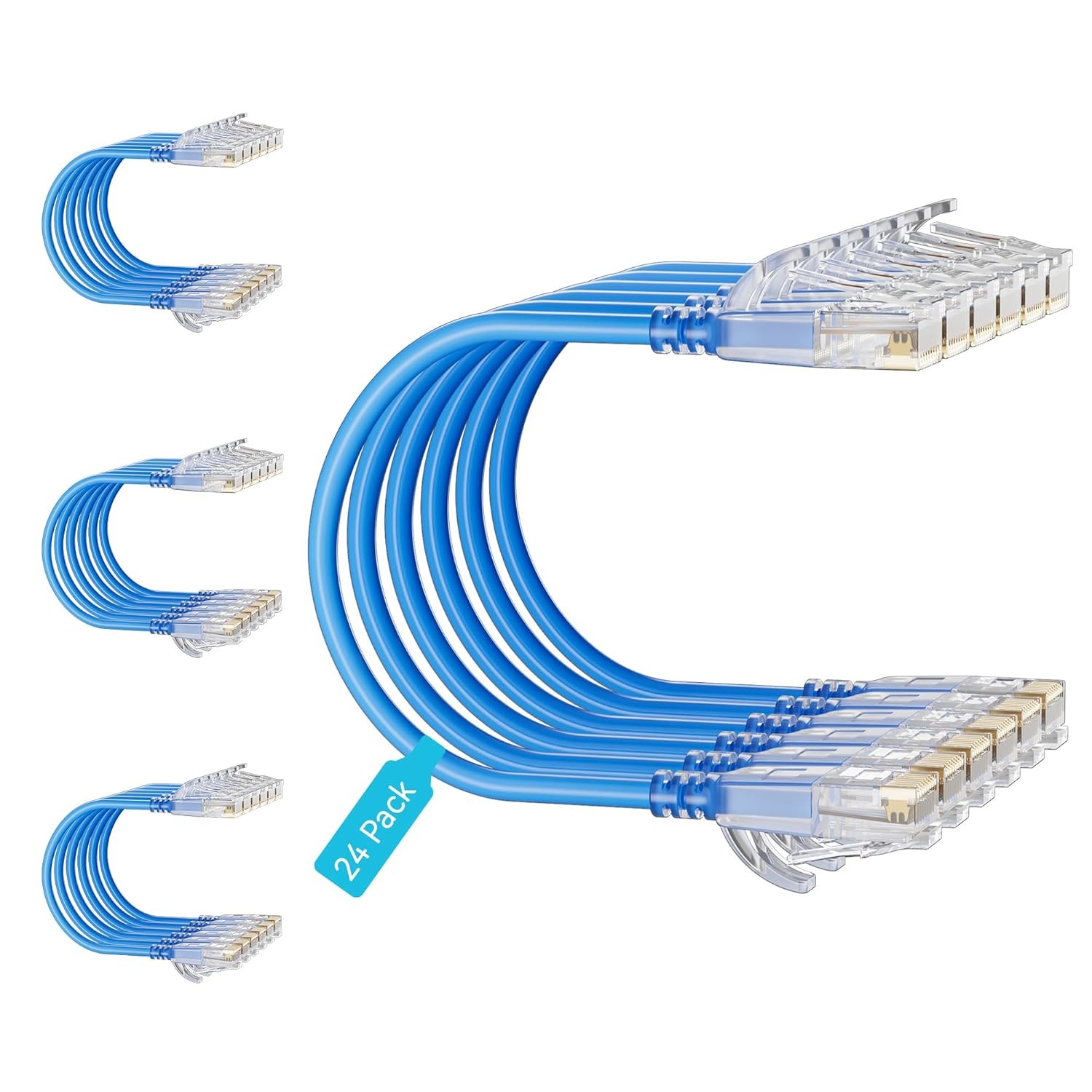 Cat6 Slim Patch Cables 0.5 Feet 24-Pack Blue Cat6a 10Gbps 550MHz 24 Pack