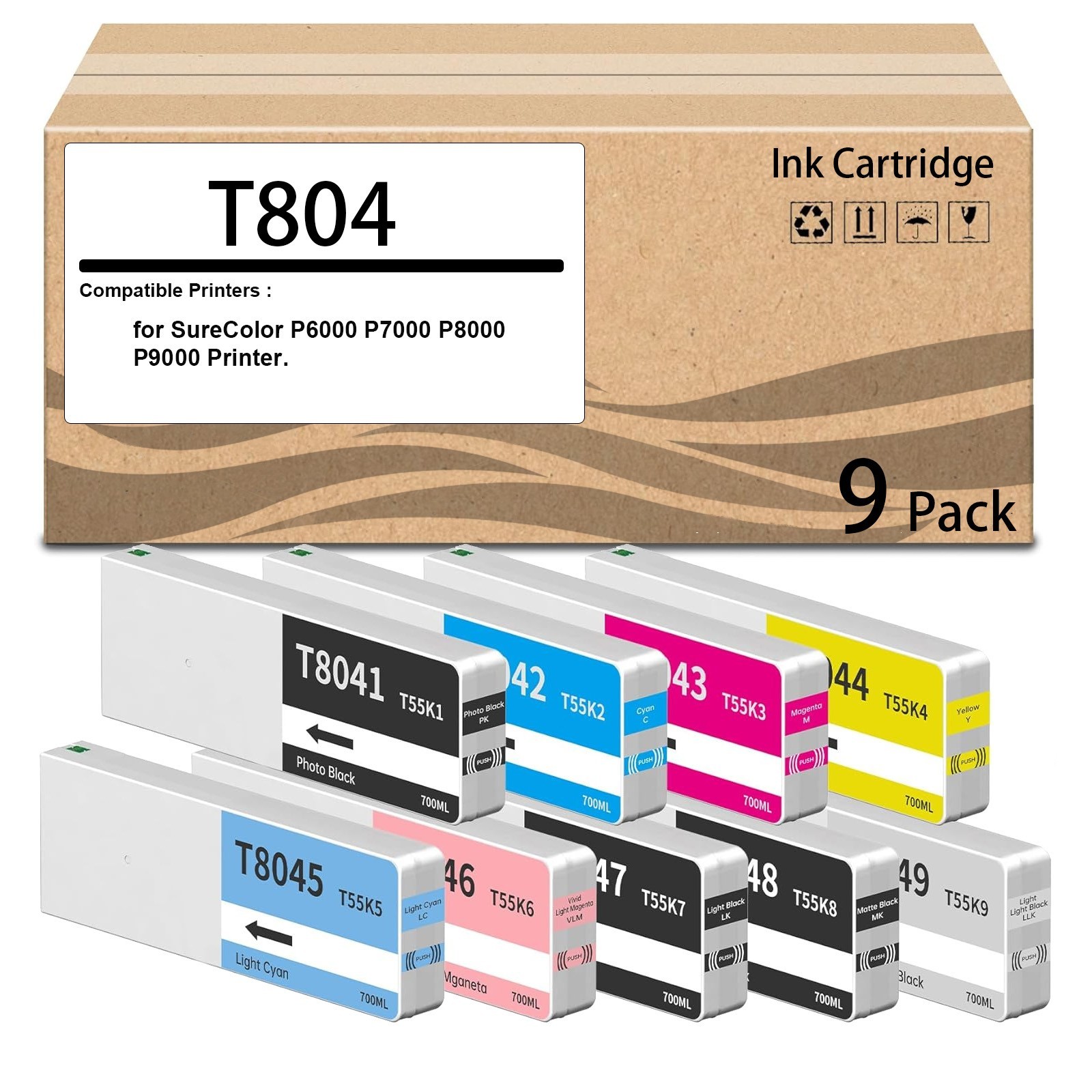 9  Pack T804 Ink Cartridge 9-Colors 700ml for SureColor P6000 P7000 P8000