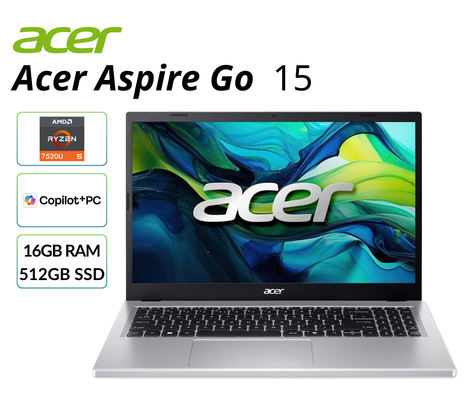 Acer Aspire Go 15 Laptop 15.6" AMD Ryzen 5 16GB RAM 512GB SSD FHD AG15-21PT-R641