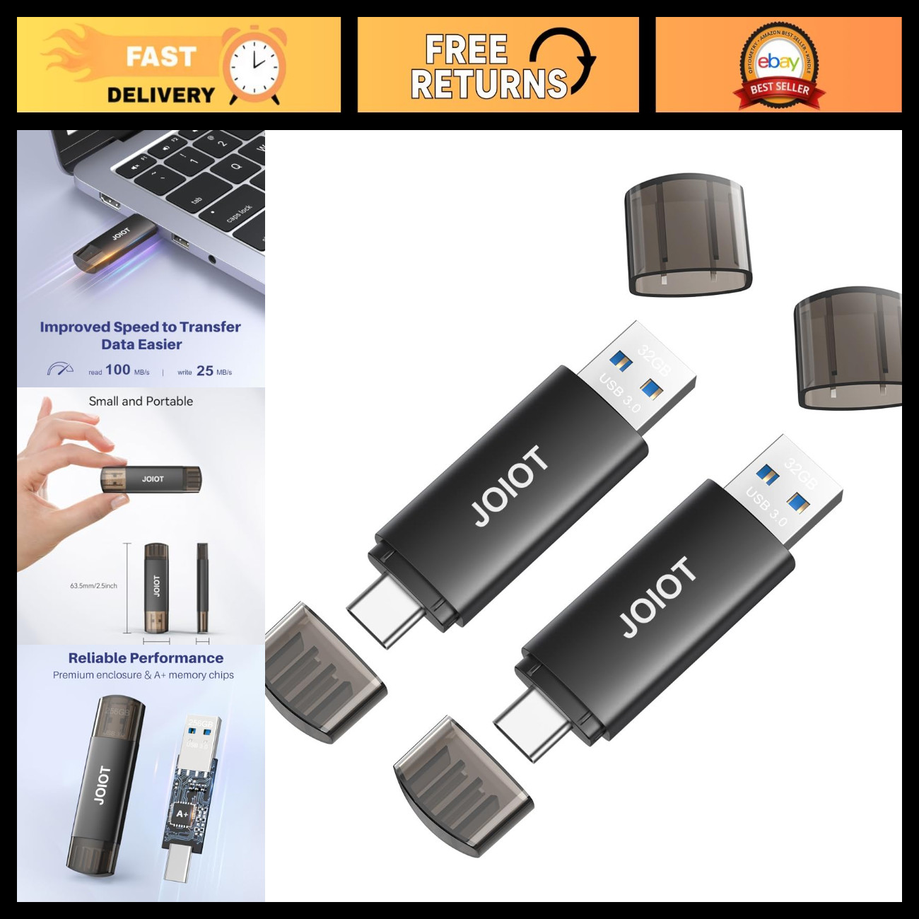 32GB Dual USB C Flash Drive 2-in-1 Type-C & USB A Portable Thumb Drive (2 Pack)