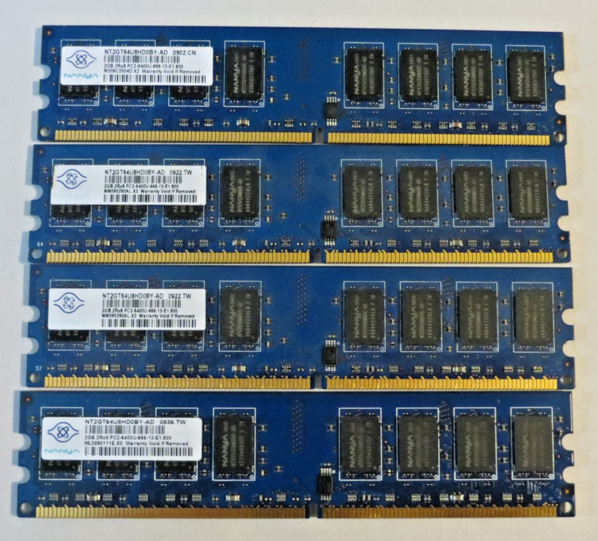 8GB Kit 4x2GB DDR2 800MHz PC2-6400 Desktop RAM Nanya NT2GT64U8HD0BY-AD Quad Set