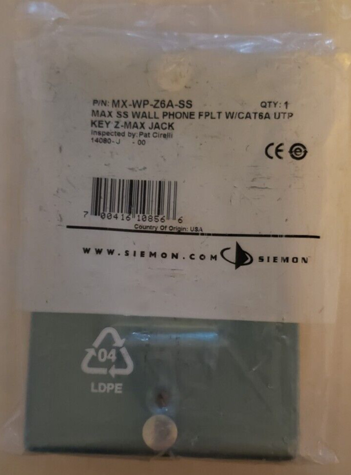 1 -  New SIEMON COMPANY MX-WP-Z6A-SS Cat6A Wall phone Stainless Steel faceplate