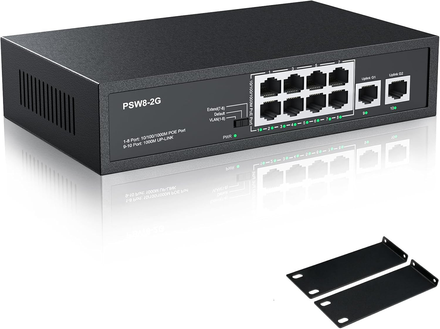 10 Port Full Gigabit Poe+ Switch with Rack Mount Ears, 8 Port Poe 1000Mbps