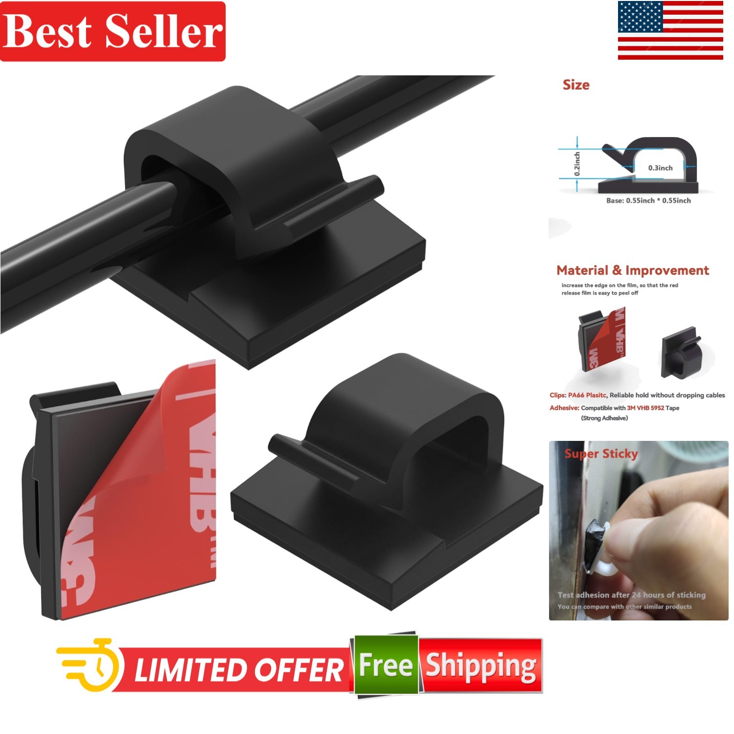 Cable Clips 40pcs Self-Adhesive Wire Organizer Nylon PA66 Car Office Home Black