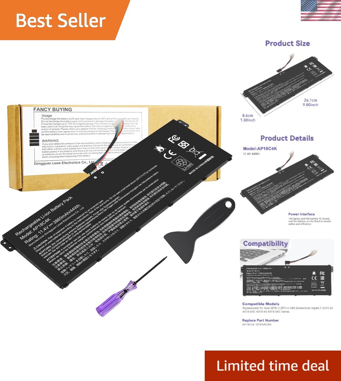 Reliable AP18C8K Battery Replacement for Acer Spin 3, Aspire 5 - 3860mAh Power