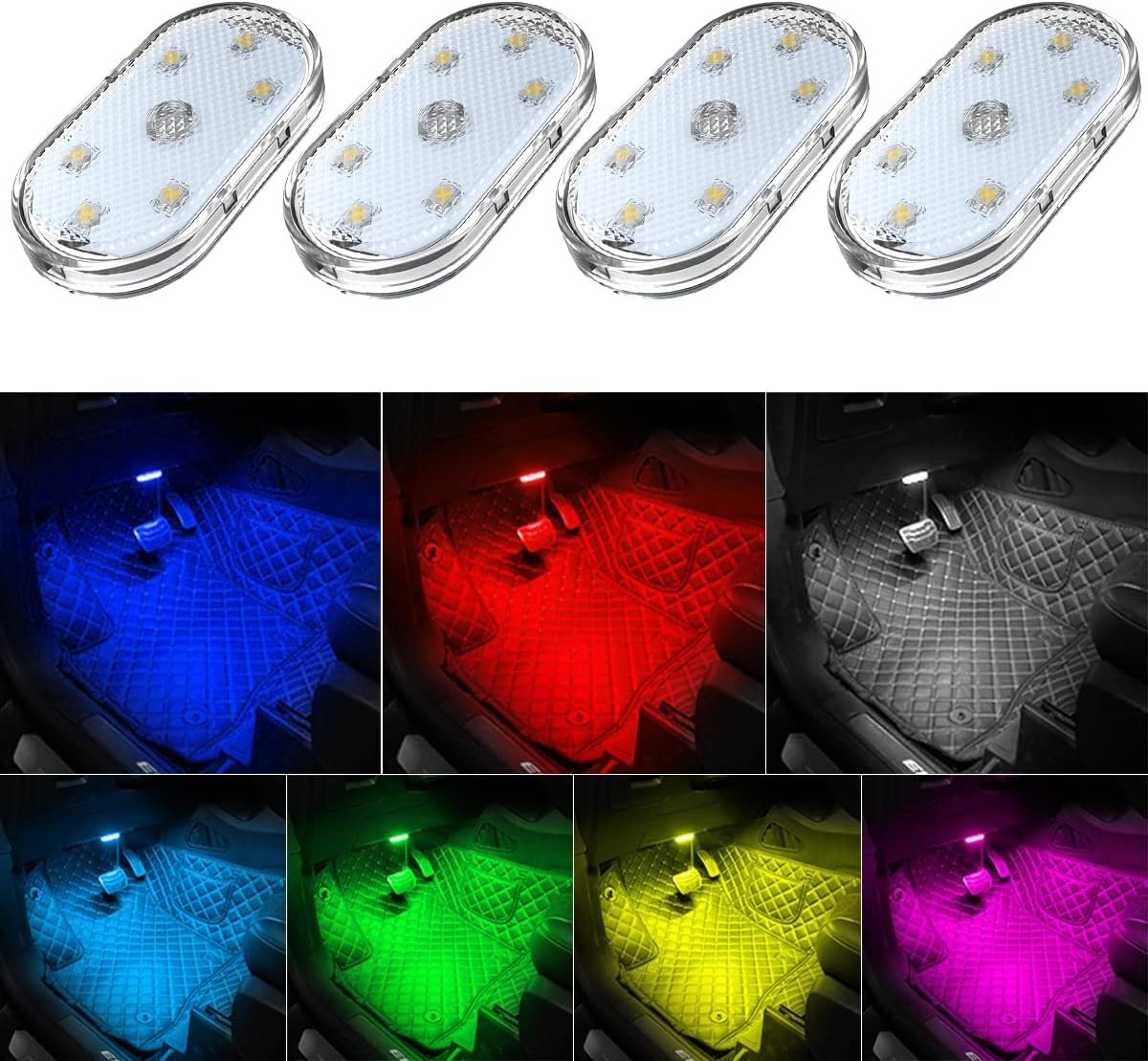 4Pcs Wireless LED Lights for Car Interior,7 Colors Ambient Lighting Car Interior