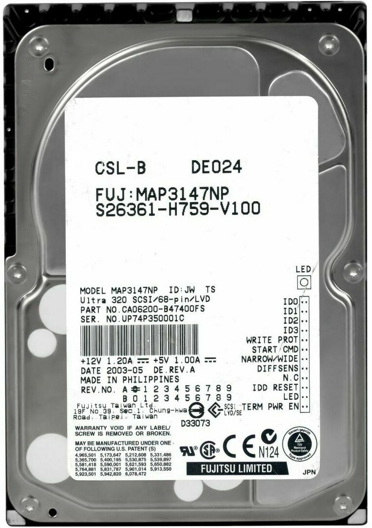 HARD DRIVE FUJITSU S26361-H759-V100 MAP3147NP 146GB 10K SCSI U320 3.5''