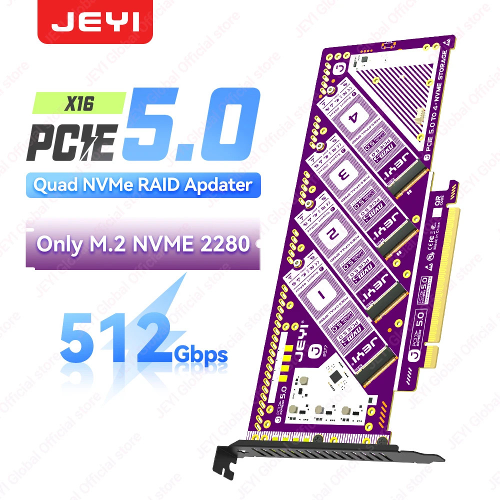 PCIe 5.0 X16 Quad M.2 Expansion Card-4-Bay NVMe RAID 0/1/5/JBOD Adapter Card