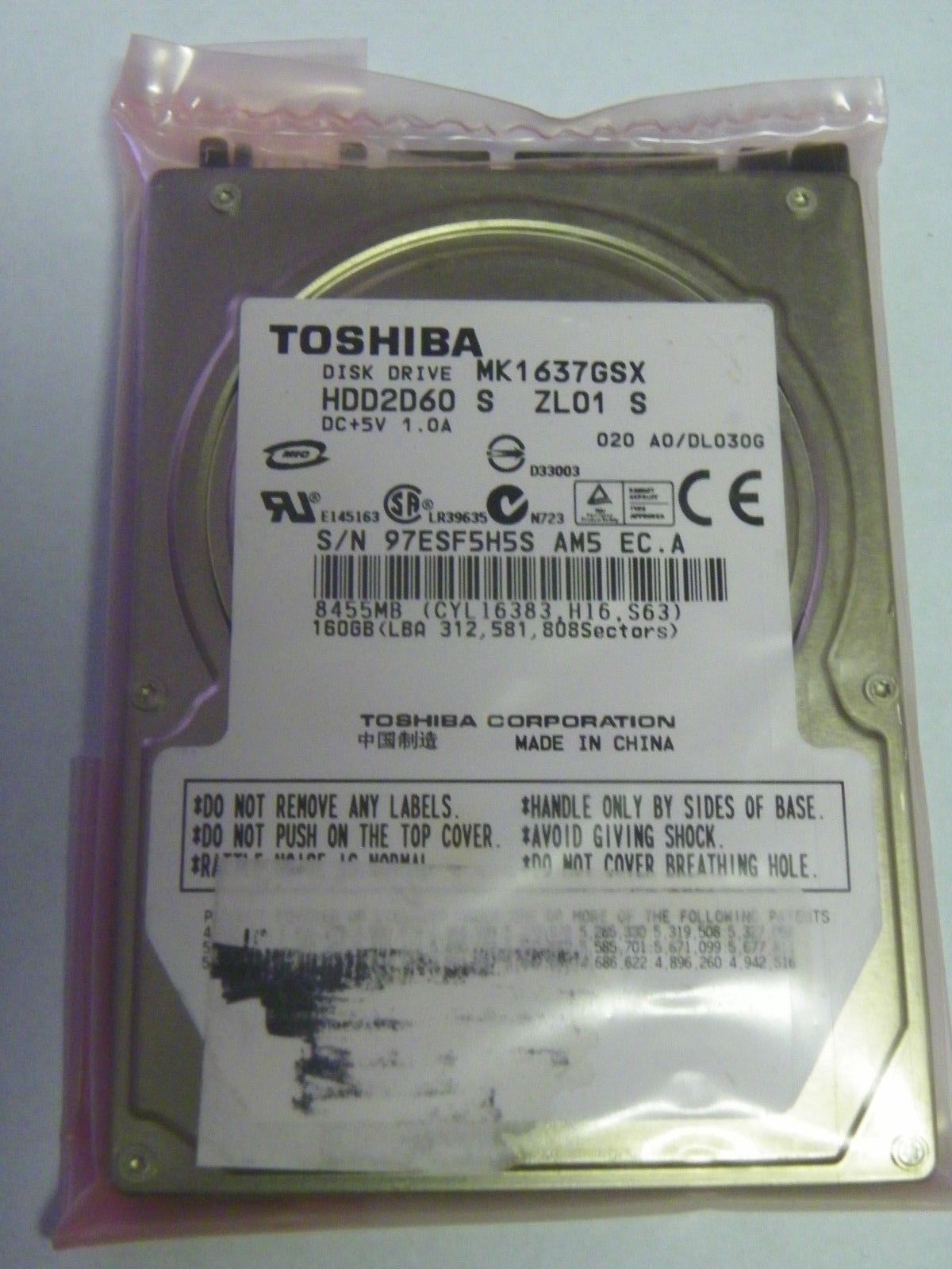 Toshiba MK1637GSX (HDD2D60 S ZL01 S) 020 A0/DL030G 160GB 2.5" SATA Hard Drive 