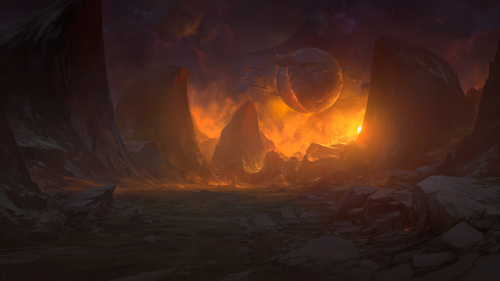 Landscape  fantasy art sunset planet mountains campfire Custom Gaming Mat Desk
