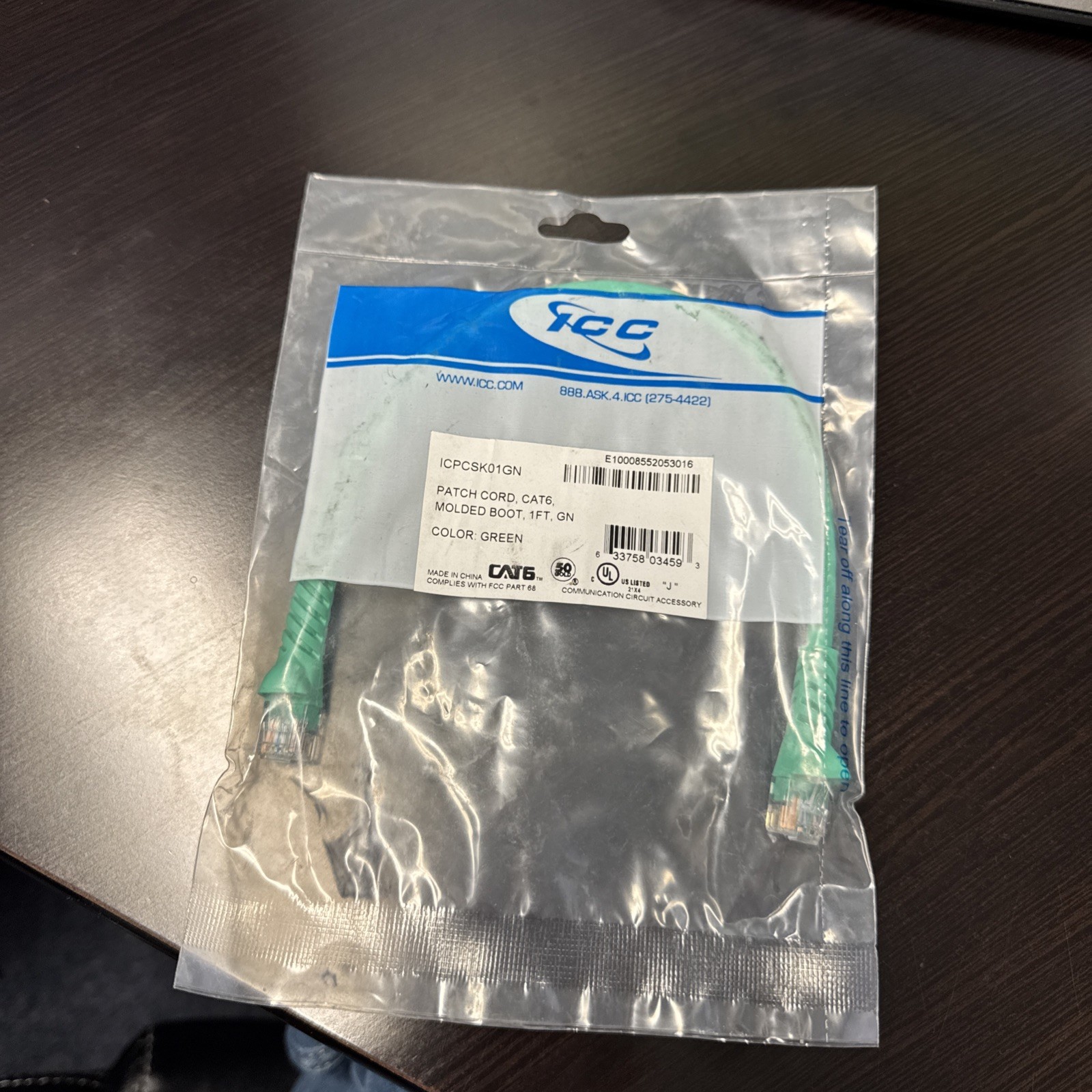 ICC CAT6 Molded Boot Patch Cord - 1 ft Category 6 Network Cable for Network New