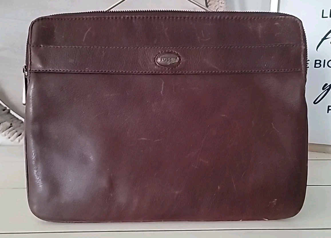 Fossil Clutch Brown Leather Tech Case Mini Tablet Holder Lined Pockets 12.5"×9" 