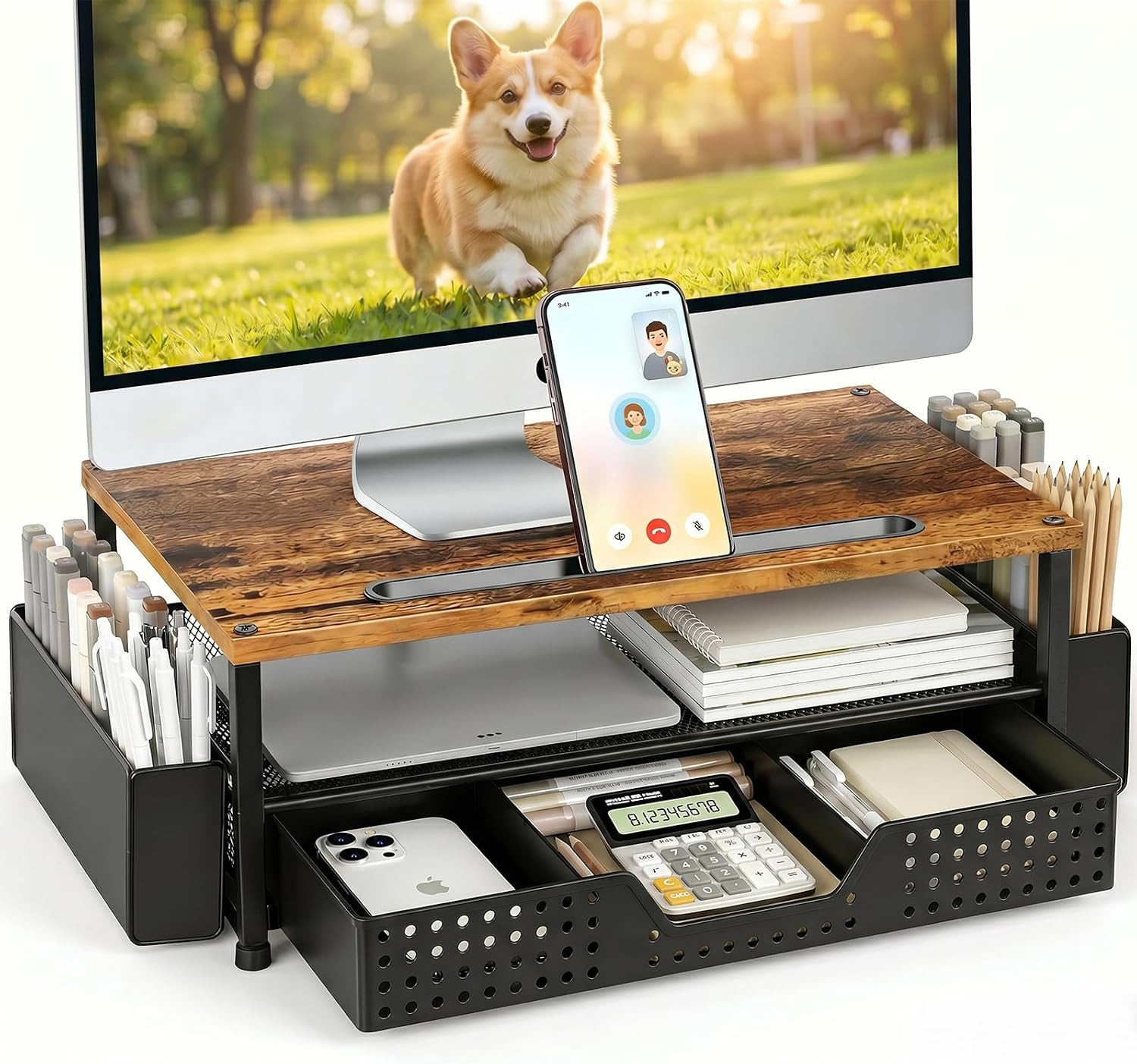 2-Tier Wood Monitor Stand Riser with Phone Holder Drawer Pen Holders