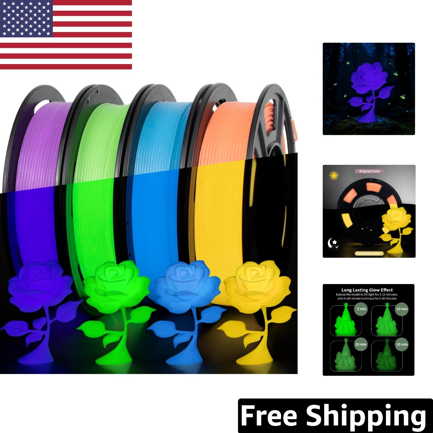 Vibrant Glow-in-the-Dark 3D Printing Filament - 4 Pack, 1.75mm,  Quality