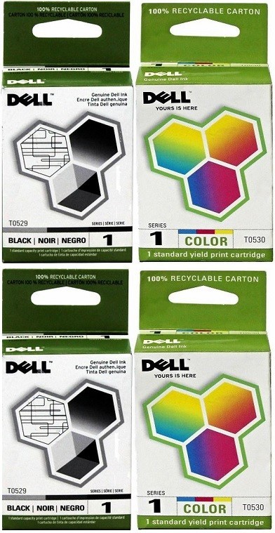 4 Genuine Sealed Bag Dell T0529 BLACK & T0530 COLOR Inkjets (2 of ea) NO BOX