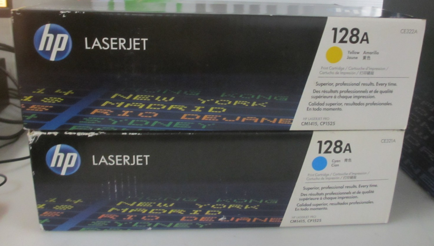 Lot of 4 HP 128A Cyan Yellow Toner CE321A-CE322A 2X CYAN, 2X YELLOW